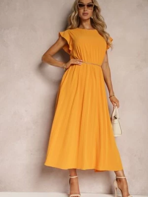 Pomarańczowa Rozkloszowana Sukienka z Plisowaniem i Krótkim Rękawem Hevina