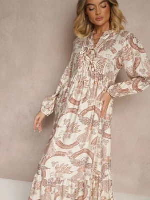 Pomarańczowa Rozkloszowana Sukienka z Wiskozą Wiązana przy Dekolcie w Roślinny Print Koriselle m&d fashion