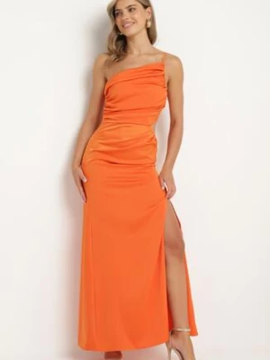 Pomarańczowa Satynowa Sukienka Asymetryczna Koktajlowa z Wycięciami w Talii i Drapowaniem Ciafisa bisou's project