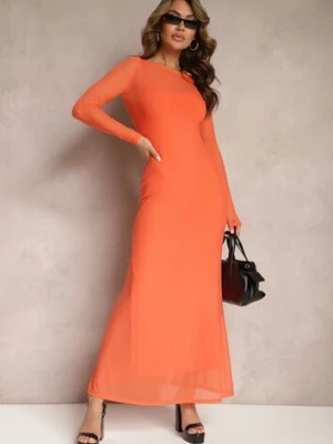 Pomarańczowa Siateczkowa Sukienka o Taliowanym Kroju z Halką Manemoma