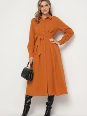 Pomarańczowa Sukienka Koszulowa o Rozkloszowanym Fasonie z Materiałowym Paskiem Nerisela unigirl