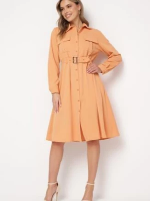 Pomarańczowa Sukienka Koszulowa z Paskiem z Klamrą Unebia