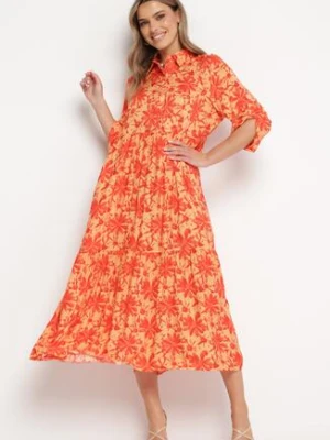 Pomarańczowa Sukienka Maxi w Kwiatowy Wzór z Koszulową Górą Lithaia cflo