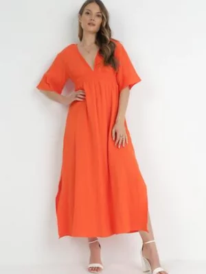 Pomarańczowa Sukienka Maxi z Gumką w Pasie i Wiązaniem na Karku Titaphine