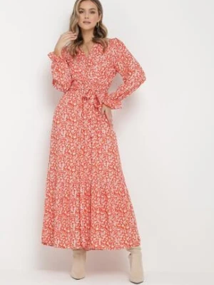 Pomarańczowa Sukienka Maxi z Wiskozy z Wiązanym Paskiem Maridia m&d fashion