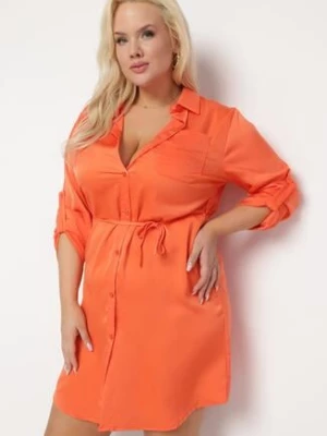Pomarańczowa Sukienka Mini Zapinana na Guziki z Cienkim Materiałowym Paskiem Venudda
