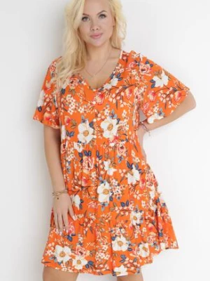 Pomarańczowa Sukienka Mini w Kwiatki z Krótkim Rękawem i Falbanką Anabetha