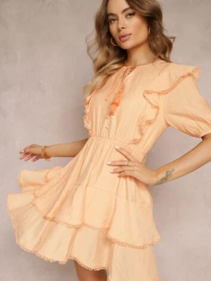 Pomarańczowa Sukienka Mini z Gumką w Pasie i Falbankami Makenza