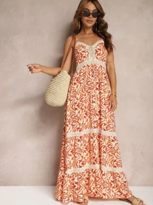 Pomarańczowa Sukienka z Bawełny na Ramiączkach z Gumką w Talii i Haftem Vikanda rosa