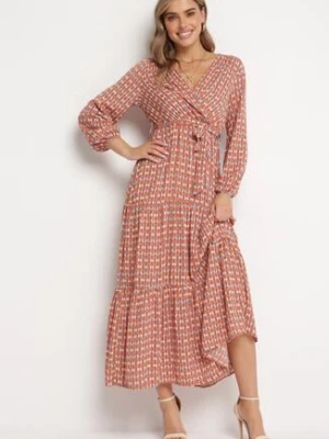 Pomarańczowa Sukienka z Kopertowym Dekoltem i Falbaną na Dole Irelile rosa