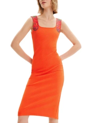 Pomarańczowa Sukienka z Kwadratowym Dekoltem Desigual