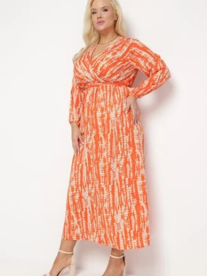 Pomarańczowa Sukienka z Paskiem w Talii i Etnicznym Motywem Celestrria christy