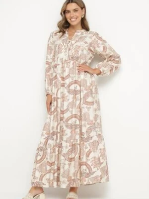 Pomarańczowa Sukienka z Wiskozą o Rozkloszowanym Kroju z Wiązaniem w Roślinny Wzór Korivona m&d fashion