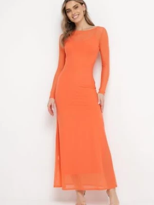 Pomarańczowa Taliowana Sukienka Długa Siateczkowa z Halką Anankella