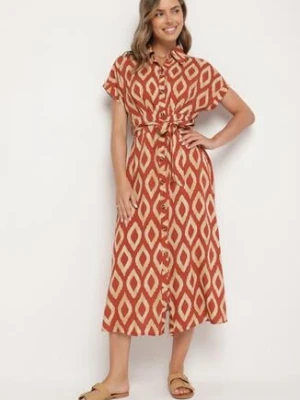 Pomarańczowa Wiskozowa Sukienka Koszulowa z Geometrycznym Wzorem Rallapea cflo