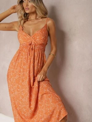 Pomarańczowa Wiskozowa Sukienka na Ramiączkach z Rozkloszowanym Dołem Irislynn