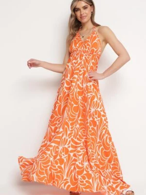 Pomarańczowa Wiskozowa Sukienka o Rozkloszowanym Kroju z Wiązaniem na Plecach Canella