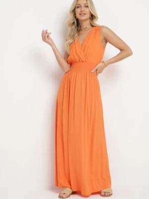 Pomarańczowa Wiskozowa Sukienka z Kopertowym Dekoltem i Gumkami w Talii Joridia