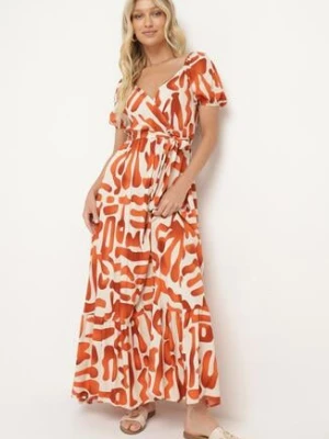 Pomarańczowa Wiskozowa Sukienka z Kopertowym Dekoltem i Materiałowym Paskiem z Gumką w Talii Vikailla rosa