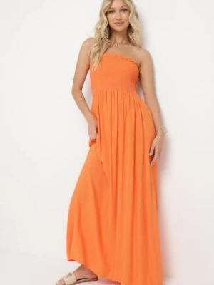 Pomarańczowa Wiskozowa Sukienka z Marszczonym Dekoltem Bandeau Vikiraias