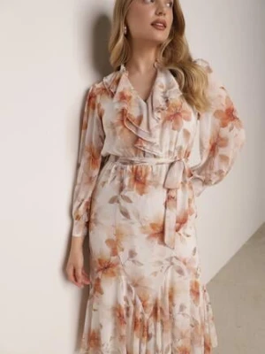 Pomarańczowa Zwiewna Sukienka z Długim Rękawem Falbanami i Wiązanym Paskiem Aezera bisou's project