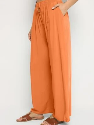 Pomarańczowe Gładkie Spodnie z Gumką w Pasie i Szerokimi Nogawkami Alathera rosa