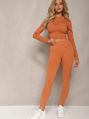 Pomarańczowe Prążkowane Legginsy z Wysokim Stanem Amokka elsa.m by may