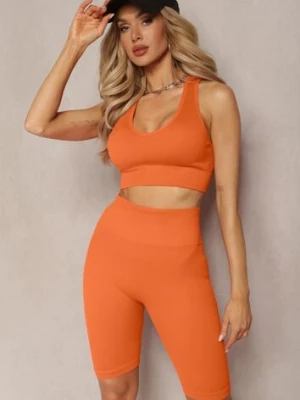 Pomarańczowe Prążkowane Szorty Kolarki High Waist Olevitta