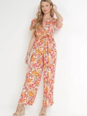 Pomarańczowo-Biały Wiskozowy Kombinezon z Cienkimi Gumkami w Pasie i Materiałowym Paskiem Athelia cflo