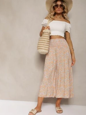 Pomarańczowo-Niebieskie Bawełniane Spodnie z Szerokimi Nogawkami 7/8 w Kwiatki Aliany defox