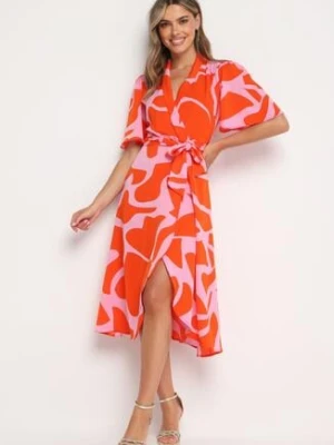 Pomarańczowo-Różowa Kopertowa Sukienka z Wiązaniem w Pasie Raviara retro & icone