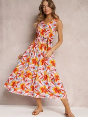 Pomarańczowo-Różowa Rozkloszowana Sukienka Midi z Gumką i Wiązaniem w Pasie z Wiskozy Overblossom cflo