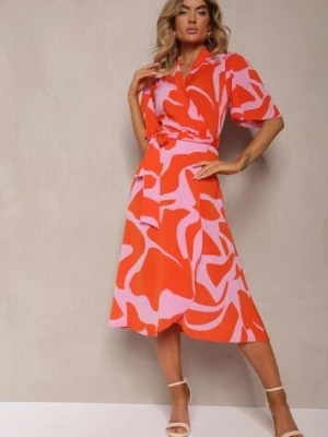Pomarańczowo-Różowa Sukienka o Kopertowym Fasonie z Wiązaniem w Talii Uzilena retro & icone