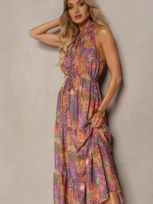 Pomarańczowo-Różowa Sukienka w Stylu Boho z Gumką w Talii i Ozdobnym Wiązaniem Piofara J&x