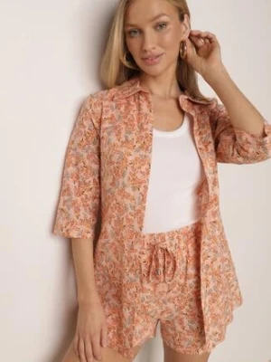 Pomarańczowy Bawełniany Komplet w Kwiaty Koszula i Szorty Aelryn