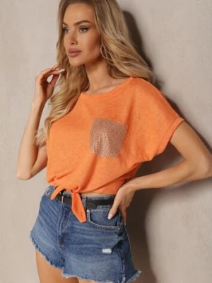 Pomarańczowy Casualowy T-shirt Ozdobiony Cyrkoniami i Wiązaniem Efika