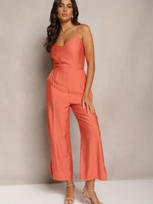 Pomarańczowy Długi Kombinezon z Szerokimi Nogawkami na Cienkich Ramiączkach Jemanne rosa
