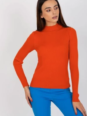 Pomarańczowy gładki sweter z półgolfem w prążki