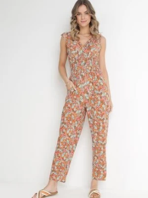 Pomarańczowy Kombinezon z Gumkami w Pasie i Głębokim Dekoltem w Kwiatki Zaiyah j&x