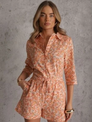 Pomarańczowy Komplet z Bawełny w Kwiaty Koszula i Krótkie Spodenki Brannaestra