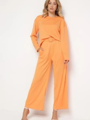 Pomarańczowy Komplet z Spodnie Prostymi Nogawkami i Bluzka z Paskiem Carenesa