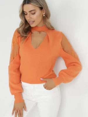 Pomarańczowy Sweter z Golfem i Wycięciem przy Dekolcie Jaaziel