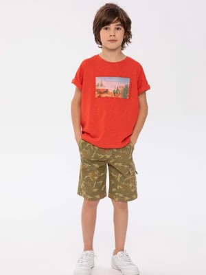 Pomarańczowy t-shirt bawełniany dla chłopca z nadrukiem Minoti