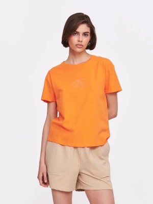 Pomarańczowy top z wytłaczaną grafiką Top Secret