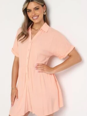 Pomarańczowy Wiskozowy Kombinezon z Koszulową Górą Zapinany na Guziki z Krótkimi Spodniami Vikota rosa