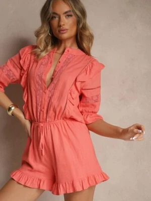 Pomarańczowy Wiskozowy Kombinezon z Lnem w Rustykalnym Stylu z Koronką i Falbanami Linulia bisou's project