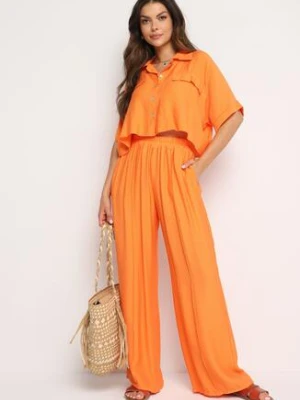 Pomarańczowy Wiskozowy Komplet 2-Częściowy Luźna Koszula Spodnie z Szerokimi Nogawkami Ulvitela