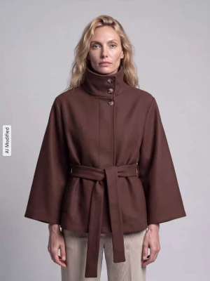 Poncho o luźnym kroju z paskiem wiązanym model 'AIKEN' Pieces Czekoladowy