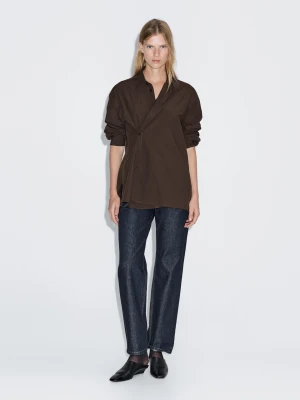 Poplin Shirt With Asymmetric Button Fastening - Brązowy - - Massimo Dutti - Female