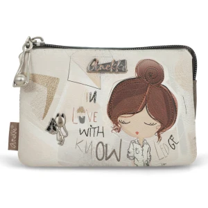 Portfel damski Anekke, z ozdobnym nadrukiem i metalowym logo zapinana na suwak z dekoracyjną zawieszką kompaktowa i praktyczna, beżowa, 42809-015